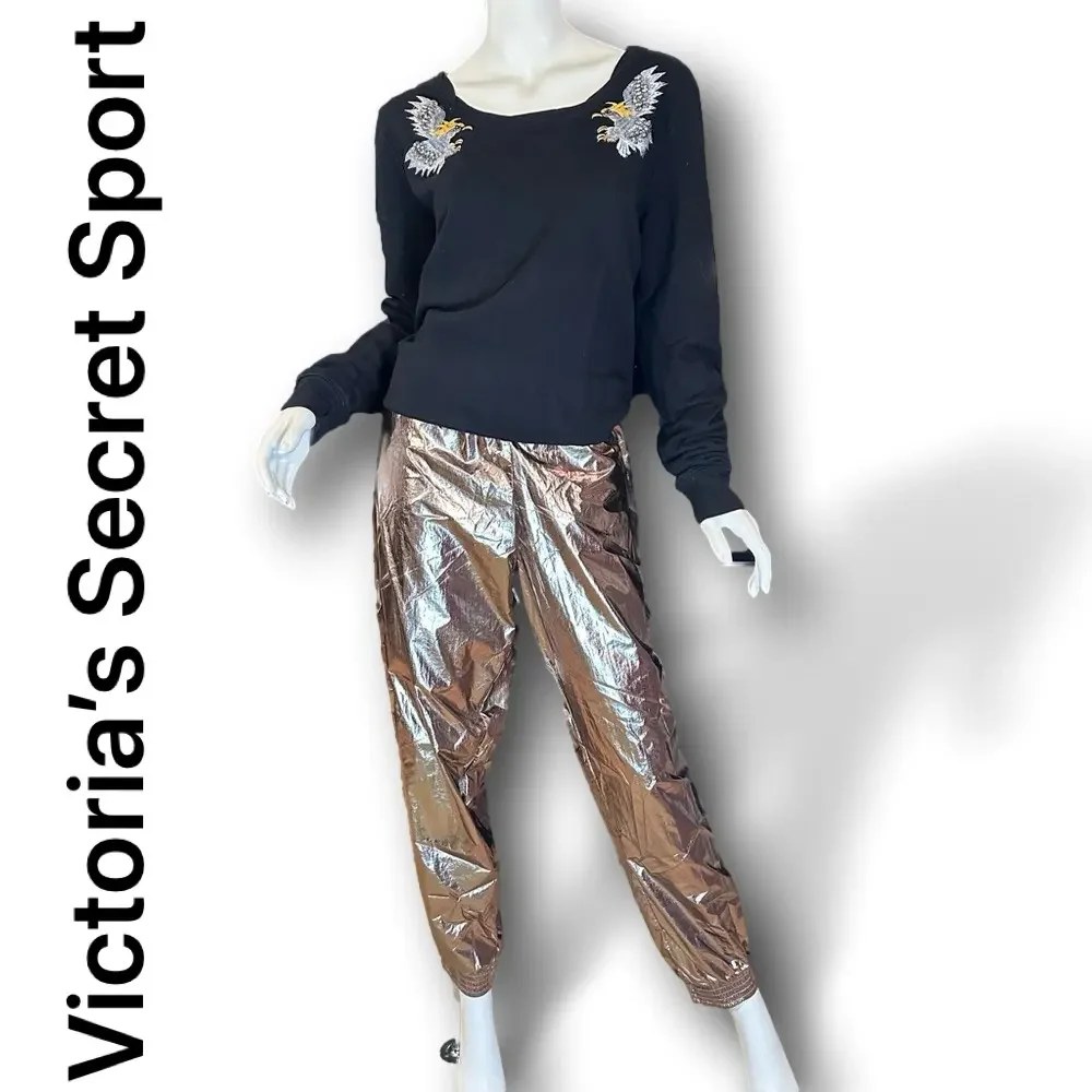 VICTORIA'S SECRET SPORT GOLD LAMÉ MC HAMMER VIBE CARGO LOUNGE JOGGERS SIZE LARGE - Picture 3 of 10